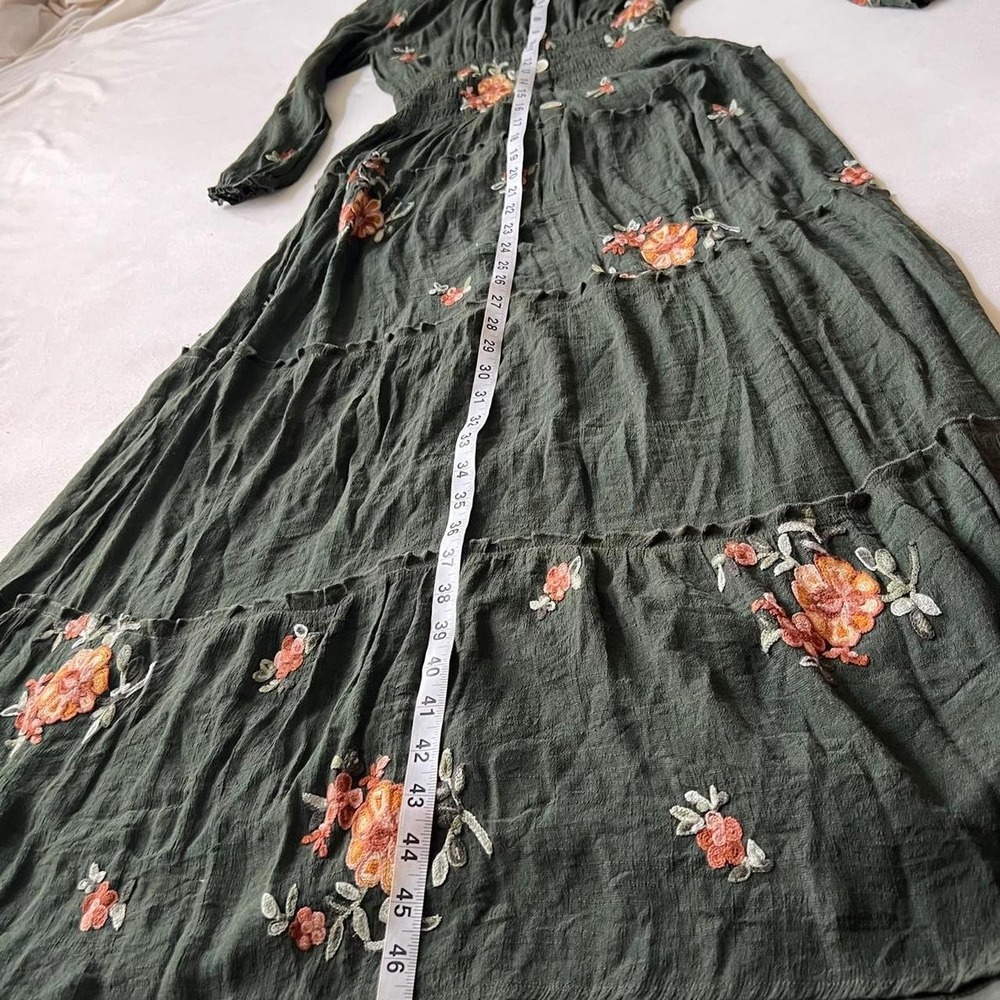 Fig & Flower Green Floral Embroidered Long Tiered Maxi Autumn Fall Thanksgiving - Picture 6 of 8